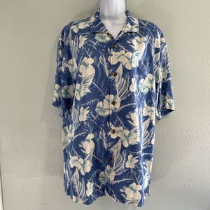 Tommy Bahama Shirt Mens Large Blue White Silk Hawaiian Aloha Button‎ Front Camp